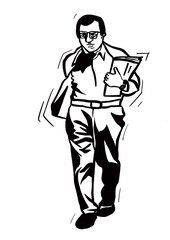 illustration of a businessman with a folder in his hands. Black and white image.