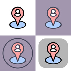 This versatile icon set depicts a person's location marker, ideal for apps or websites related to navigation, GPS, or location-based services. The multiple variations offer design flexibility.