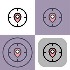 This versatile icon set depicts a location pin inside a target- perfect for GPS apps- navigation systems- or mapping software. It offers four stylish variations for diverse design projects.