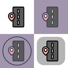 This versatile icon set depicts a location pin on a road- perfect for navigation apps- websites- and more. The clean design works well in various contexts.