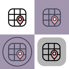 This versatile icon set depicts a location pin on a grid map, perfect for navigation apps and location-based services. The various styles offer design flexibility for diverse projects.