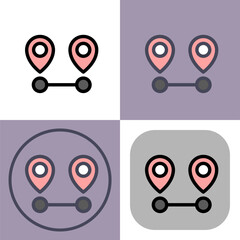 This vector icon set depicts two connected location pins- ideal for navigation apps- GPS systems- or mapping websites. It's available in various styles for diverse design needs.
