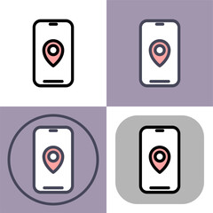 This icon set depicts a smartphone displaying a location pin- ideal for mobile navigation- GPS- and mapping applications. Various styles are included for diverse design needs.