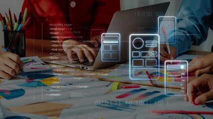 A dynamic team collaborates in a modern office, surrounded by vibrant charts and digital tools, while engaging in project management and data analysis tasks. Raster - Powered by Adobe