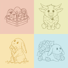 Easter illustrations with cute characters, spring flowers and easter eggs, vector art