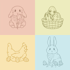Easter illustrations with cute characters, spring flowers and easter eggs, vector art