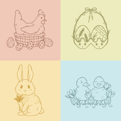 Easter illustrations with cute characters, spring flowers and easter eggs, vector art