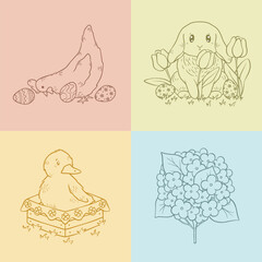 Easter illustrations with cute characters, spring flowers and easter eggs, vector art