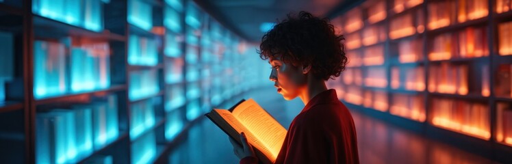 Person reads glowing book in futuristic library. Rows of colorful illuminated shelves with books surround person. Abstract data stream visualization.