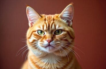 Orange tabby cat with green eyes stares intensely. Its ears are slightly folded back showing a displeased or annoyed expression. The background is a solid, warm brown.