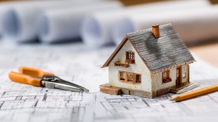 Miniature house model with tools on architectural plans for design concept