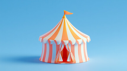 Colorful circus tent isolated on a blue background, playful entertainment concept.