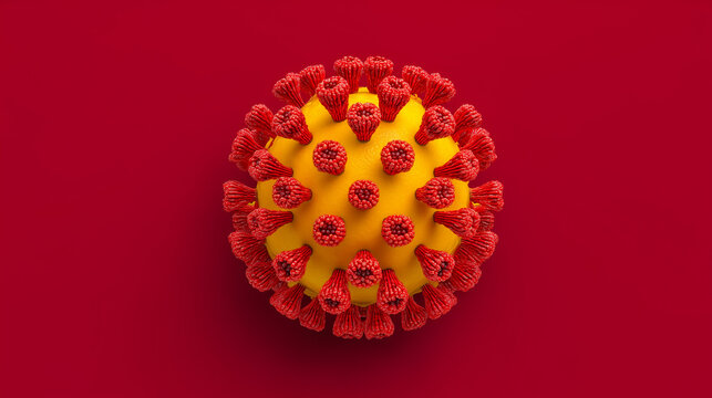 Stylized virus particle with red spikes on a solid red background, medical and microbiology concept. - Powered by Adobe