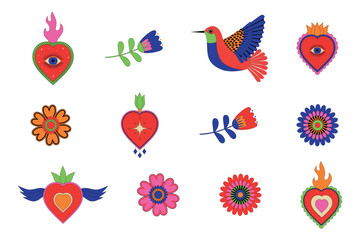 A set of Mexican sacred hearts, flowers, and birds. Mexican ethnic motifs for holiday decorations. Vector illustration for posters, banners, stickers, invitations, and cards.