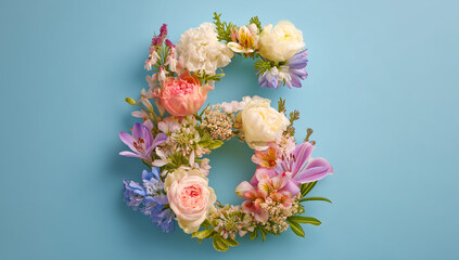 Number six made of colorful flowers on a blue background, bright floral celebration concept.