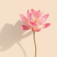 Obraz premium Single pink lotus flower with a soft shadow on a light beige background, minimalist floral concept.
