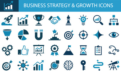 Business strategy and growth icon set. Containing rocket launch, growth graphs, trophy awards, handshake deals, chess pawns, lightbulb ideas, and target goals.