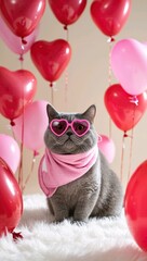cat and balloons for Valentine's Day