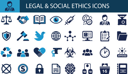 Legal and social ethics icon set. Containing scales of justice, gavage, handshakes, shields, law books, DNA evidence, ballot boxes, and equality symbols.