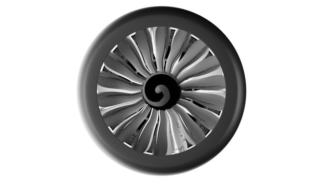 A black and white model of an aircraft jet engine with blades.