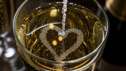Champagne bubbles forming heart in glass romantic celebration