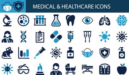 Medical and healthcare research icon set. Containing microscopes, bacteria samples, test tubes, human organs, DNA helices, pills, and viruses.