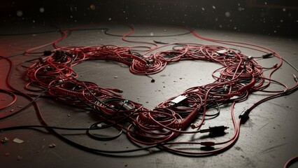 Complex cable network arrangement in dark studio setting