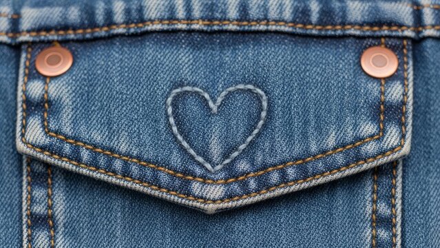 Close-up of blue denim jacket pocket with embroidered heart detail and copper buttons