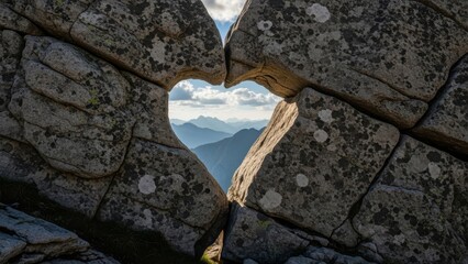 Heart shaped rock formation framing distant mountains and blue sky
