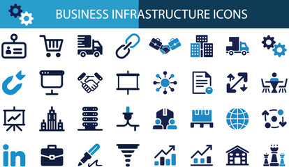 Business infrastructure and logistics icon set. Containing delivery trucks, warehouse pallets, server racks, office buildings, presentation boards, handshake deals, and link chains.