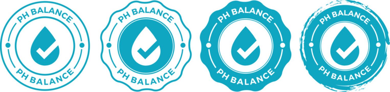 Collection of Blue PH Balance Vector Badges with Water Drop and Checkmark Symbol