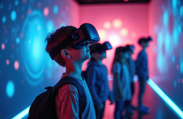 Children wear virtual reality headsets, exploring futuristic digital worlds with glowing blue and pink lights. Kids experience immersive gaming and virtual education in a modern tech environment.