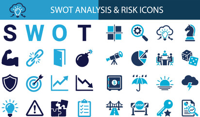 SWOT analysis and risk management icon set. Containing strength muscles, weakness broken links, opportunity open doors, threat bombs, chess strategy, and target goals.