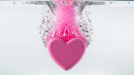 Vibrant pink heart splashing into fresh water with dynamic bubbles and motion