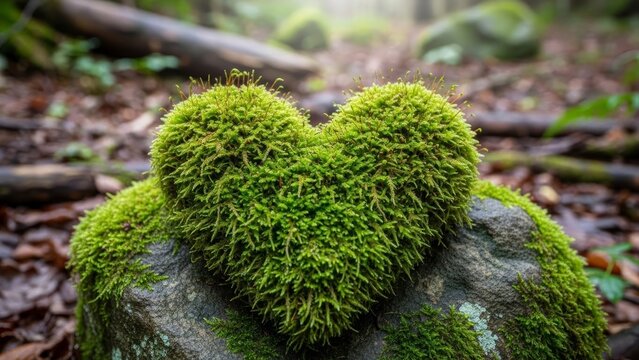 Vibrant heart-shaped green moss growing on a forest rock in soft natural light