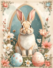 Easter Bunny with Eggs and Flowers.
