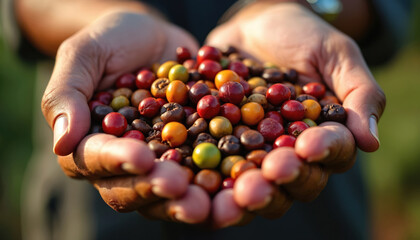 Farmer hands hold fresh raw coffee cherries in various stages of ripeness. Green red brown berries collected directly from plant. Close up view of crop preparation for processing.
