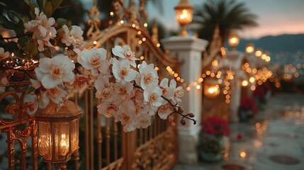 Romantic wedding celebration with floral archway design high resolution picture