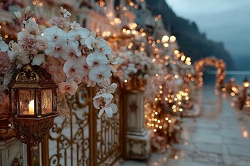 Romantic wedding entrance with floral arch design high resolution picture