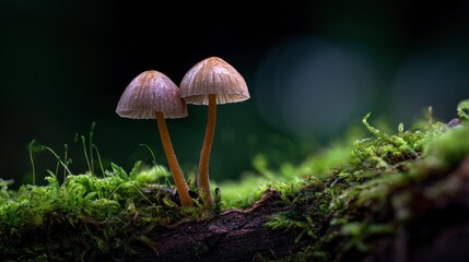 Fototapeta premium Close up of mushrooms on moss natural textures in a dark outdoor setting