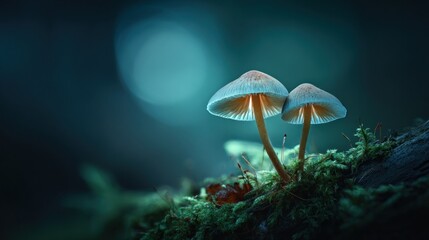 Fototapeta premium Two illuminated mushrooms growing on moss in a dim environment bokeh background