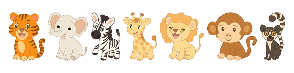 Vector set African animals featuring tiger, elephant zebra, giraffe, lion, monkey  lemur. Isolated background. For children’s designs, educational materials posters stickers wildlife themed projects © Іванна Поліщук