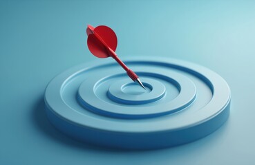 Red dart pierces blue target center. Symbolizes hitting goals with precision and accuracy. Represents achieving success and winning. Focused aim ensures perfect shot.
