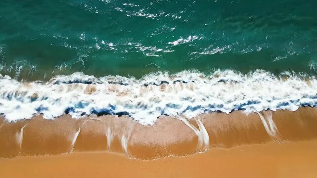 Aerial view of ocean waves crashing on a sandy beach in slow motion