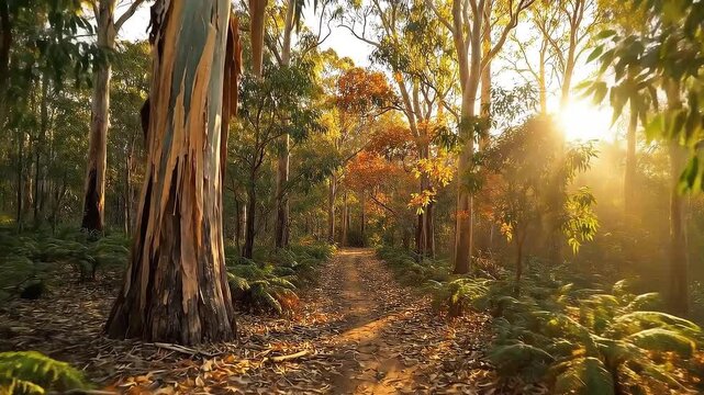 Eucalyptus forest path with golden light and autumn leaves