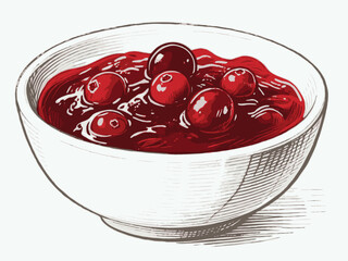 Bowl of cranberry sauce with whole berries in a hand-drawn sketch style on a white background, representing traditional holiday food