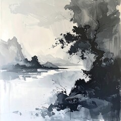 Serene black and white landscape painting.