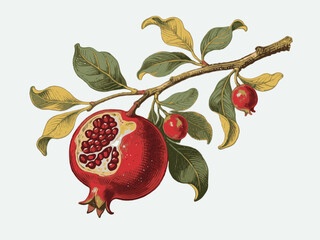 Pomegranate branch with ripe fruit and green-yellow leaves in a hand-drawn style on a white background, concept of natural harvest and health