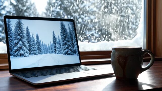 Laptop Displaying Winter Forest Next to Warm Cup, Cozy Ambience