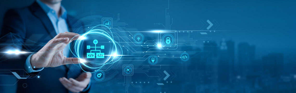 Businessman holding algorithm flow diagram in his hand. algorithm development, coding logic, data processing, software engineering, computer science concept - Powered by Adobe